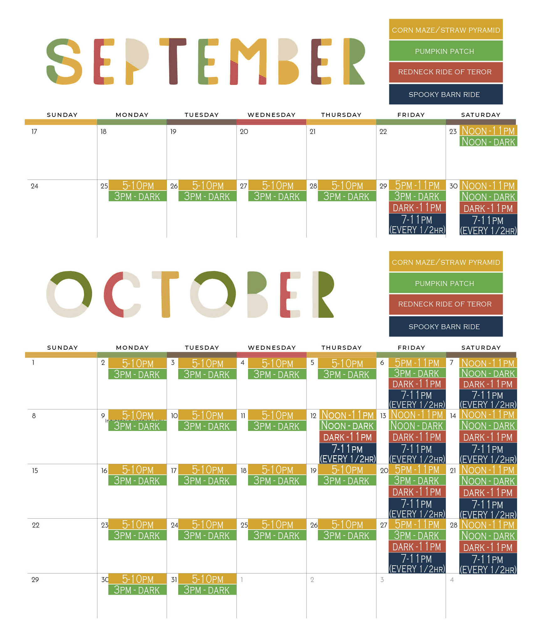 Calendar dates times fall activites